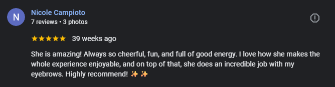 Five-star Google review for Berkem Brows