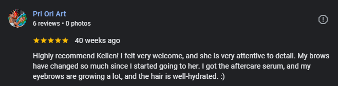 Five-star Google review for Berkem Brows